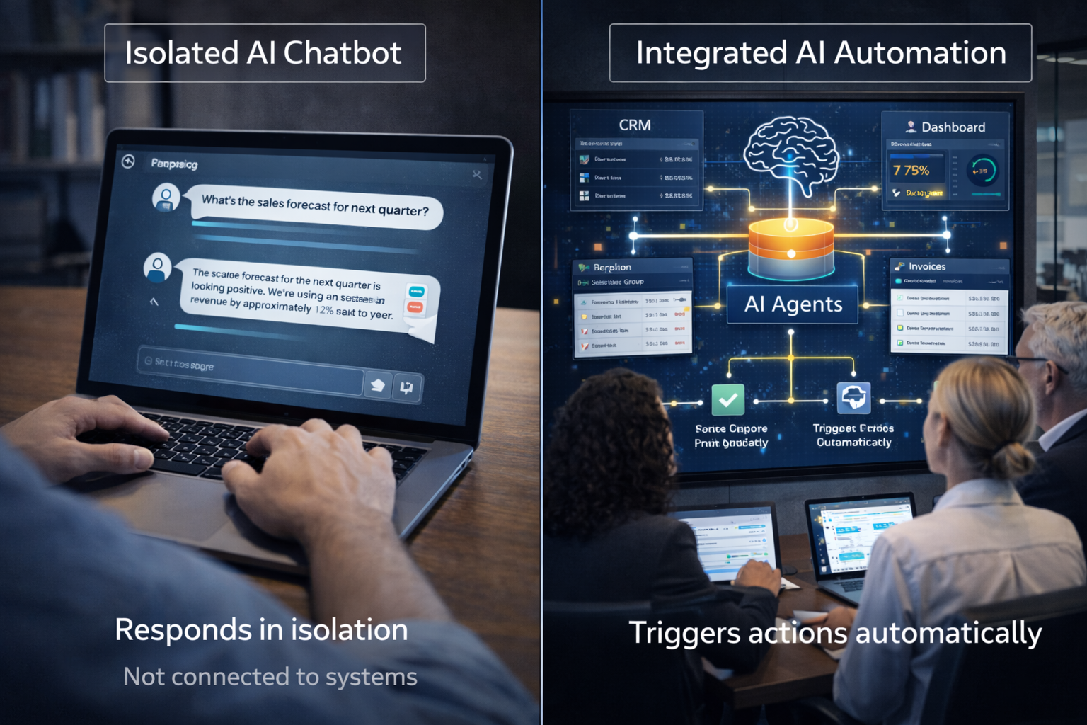 Business team working across disconnected tools transitioning into a unified AI powered workflow system